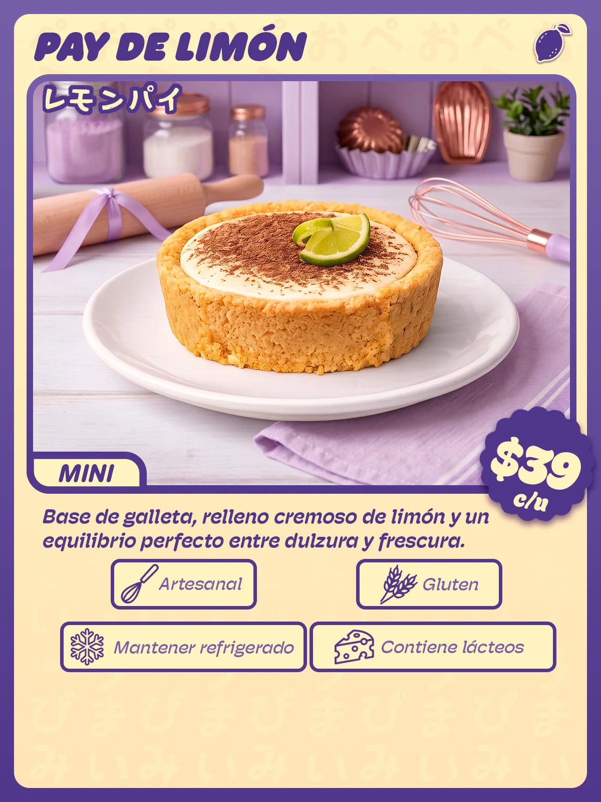 Carta de Pay de limón mini individual de Peko Peko