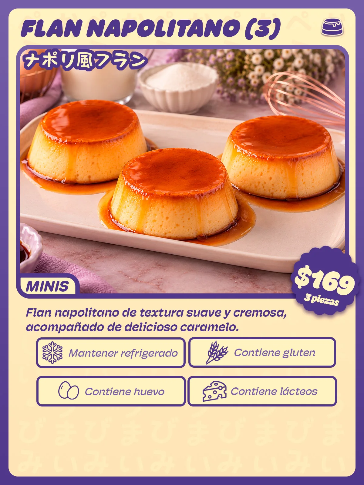 Carta de Flan napolitano mini, 3 piezas de Peko Peko